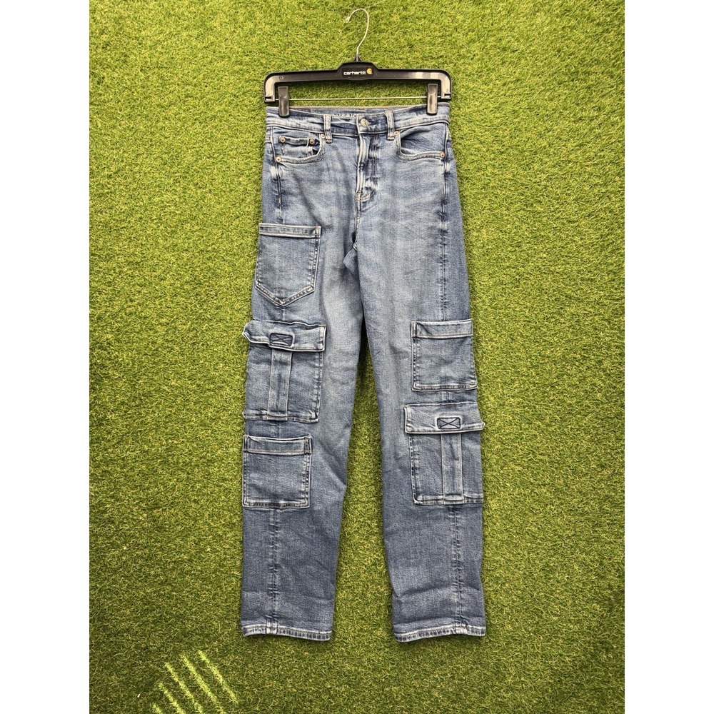 American Eagle Cargo Jeans Womens 00 Blue Super High Rise Baggy‎ Straight y2k